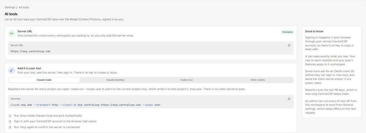 The AI tools page, with a Server URL card and a tab per supported client, each generating its own command