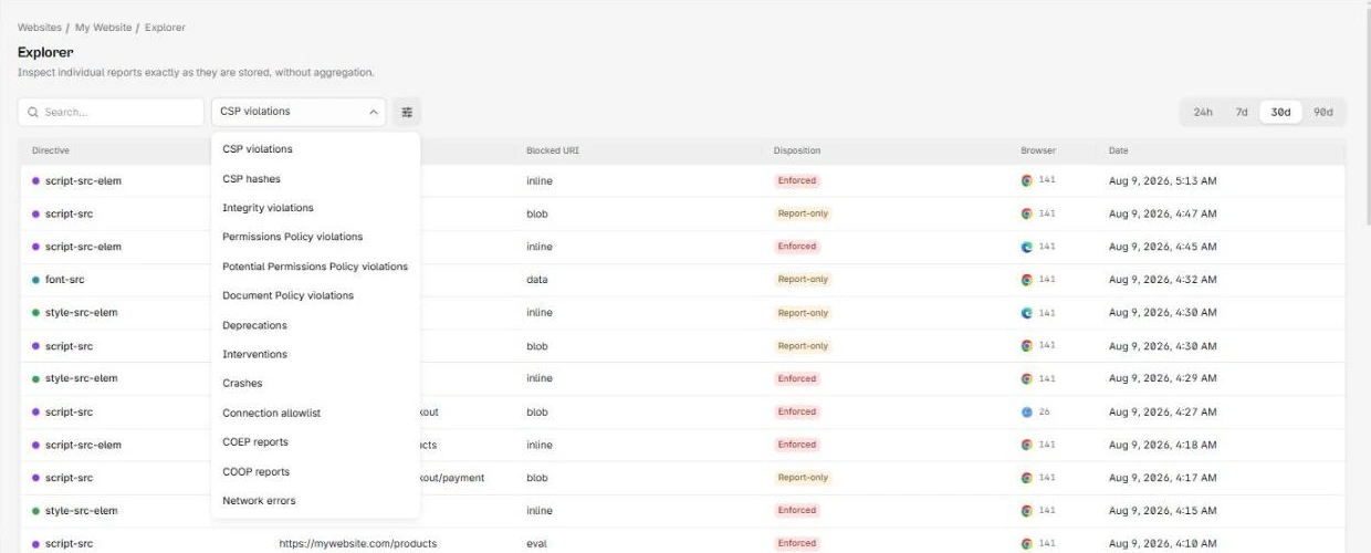 The Explorer with the report type dropdown open over the table, listing every type from CSP violations to network errors