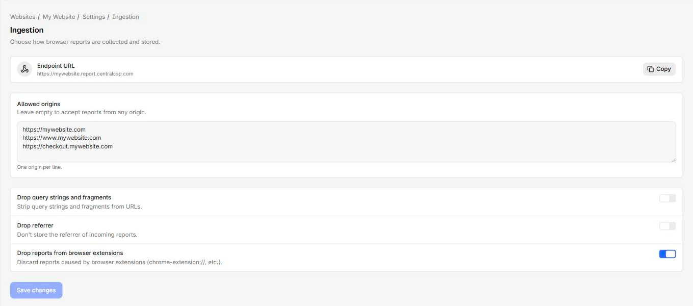 The Ingestion filters tab with allowed origins listed and the three privacy toggles