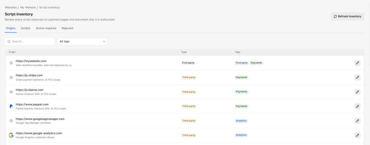 The Origins tab of the script inventory, each origin carrying a description, a First-party or Third-party type, its tags, and an edit control