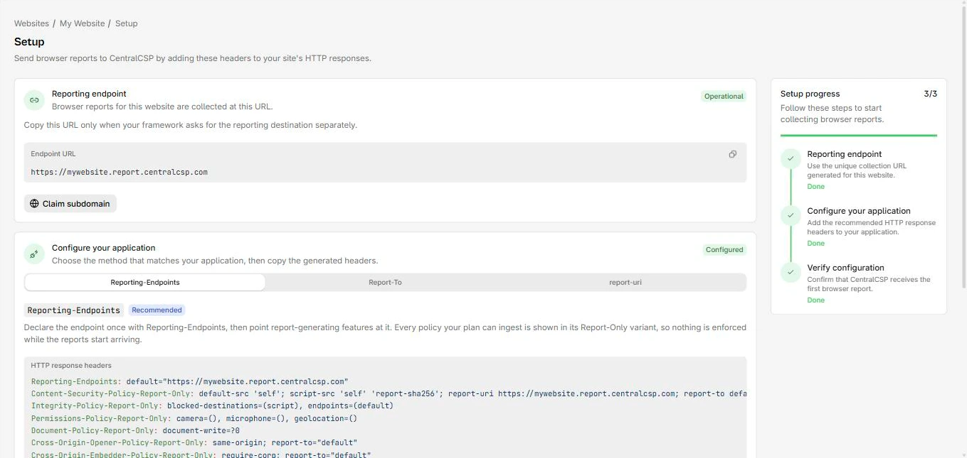 A setup check confirming the first browser reports arrived